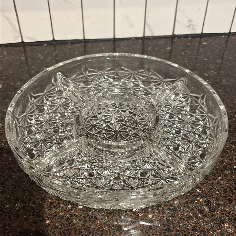 Elegant Clear Glass Serving Platter, 5 sections, hors d’oeuvres pickles, olives